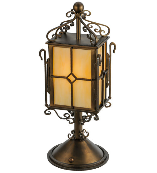 Meyda Lighting Standford 19" Antique Copper Tabletop Lantern Lamp With Beige Shade Glass