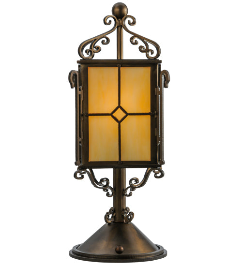 Meyda Lighting Standford 19" Antique Copper Tabletop Lantern Lamp With Beige Shade Glass