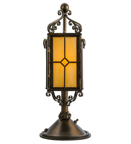 Meyda Lighting Standford 19" Antique Copper Tabletop Lantern Lamp With Beige Shade Glass
