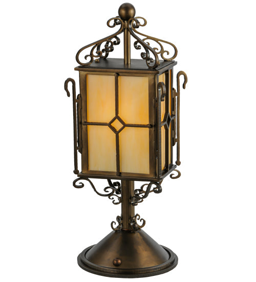 Meyda Lighting Standford 19" Antique Copper Tabletop Lantern Lamp With Beige Shade Glass