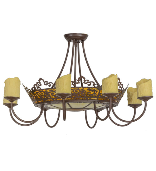Meyda Lighting Stanley 32" 20-Light 8-Arm Cafe Noir Semi-flush Mount Ceiling Light With Multi-Colored Shade and Ivory Faux Candlelight