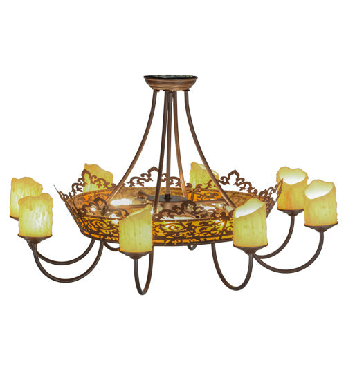 Meyda Lighting Stanley 32" 20-Light 8-Arm Cafe Noir Semi-flush Mount Ceiling Light With Multi-Colored Shade and Ivory Faux Candlelight