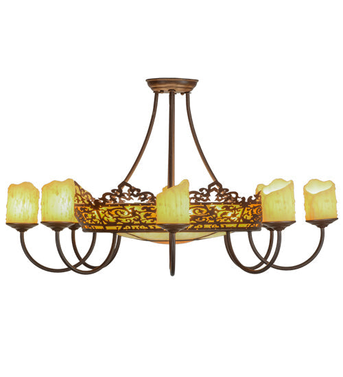 Meyda Lighting Stanley 32" 20-Light 8-Arm Cafe Noir Semi-flush Mount Ceiling Light With Multi-Colored Shade and Ivory Faux Candlelight