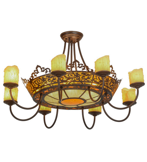 Meyda Lighting Stanley 32" 20-Light 8-Arm Cafe Noir Semi-flush Mount Ceiling Light With Multi-Colored Shade and Ivory Faux Candlelight