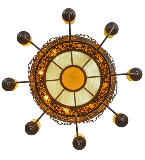 Meyda Lighting Stanley 32" 20-Light 8-Arm Cafe Noir Semi-flush Mount Ceiling Light With Multi-Colored Shade and Ivory Faux Candlelight