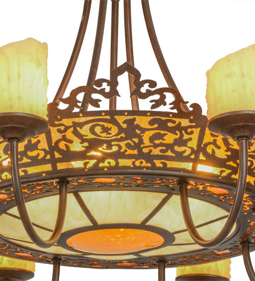 Meyda Lighting Stanley 32" 20-Light 8-Arm Cafe Noir Semi-flush Mount Ceiling Light With Multi-Colored Shade and Ivory Faux Candlelight