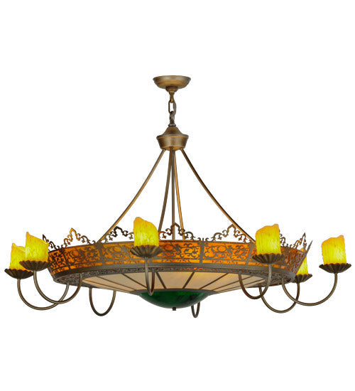 Meyda Lighting Stanley 47" 20-Light 8-Arm Antique Hammered Gold Chandelier With Multi-Colored Shade Glass