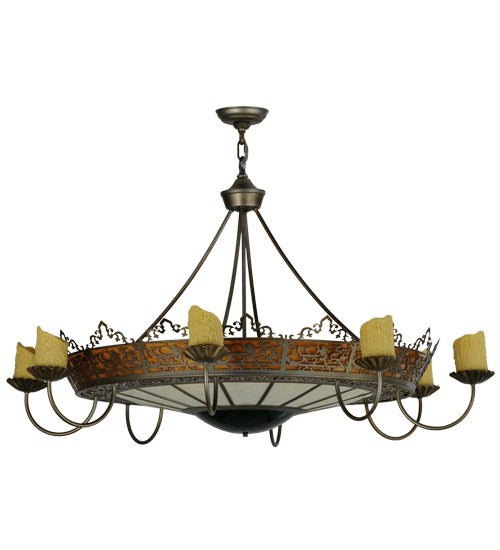 Meyda Lighting Stanley 47" 20-Light 8-Arm Antique Hammered Gold Chandelier With Multi-Colored Shade Glass