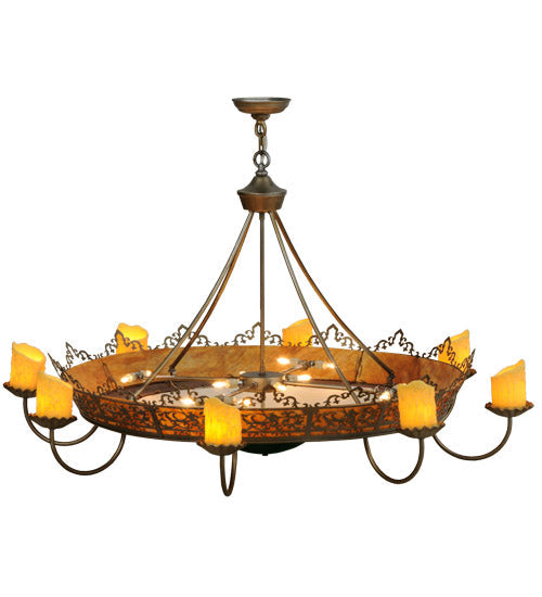 Meyda Lighting Stanley 47" 20-Light 8-Arm Antique Hammered Gold Chandelier With Multi-Colored Shade Glass
