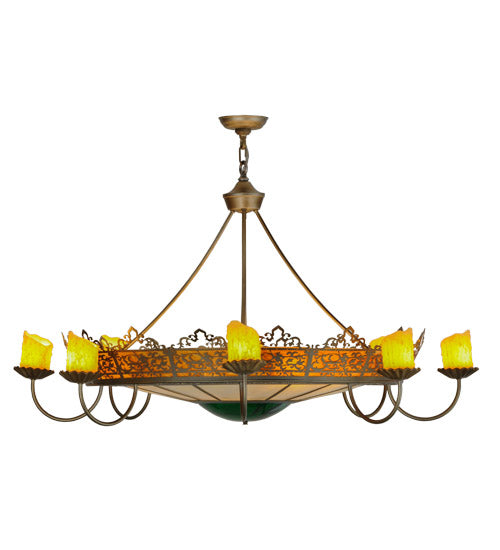 Meyda Lighting Stanley 47" 20-Light 8-Arm Antique Hammered Gold Chandelier With Multi-Colored Shade Glass