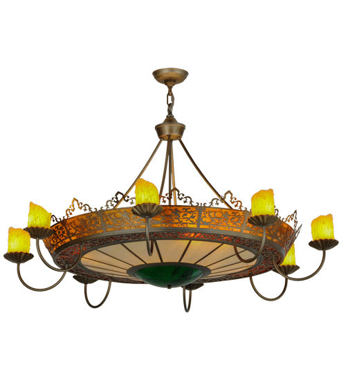 Meyda Lighting Stanley 47" 20-Light 8-Arm Antique Hammered Gold Chandelier With Multi-Colored Shade Glass