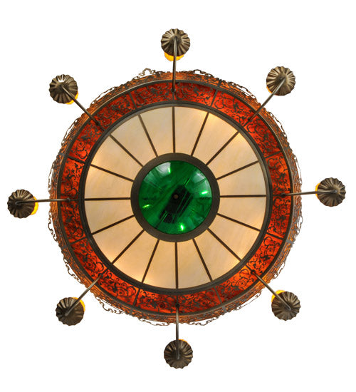 Meyda Lighting Stanley 47" 20-Light 8-Arm Antique Hammered Gold Chandelier With Multi-Colored Shade Glass