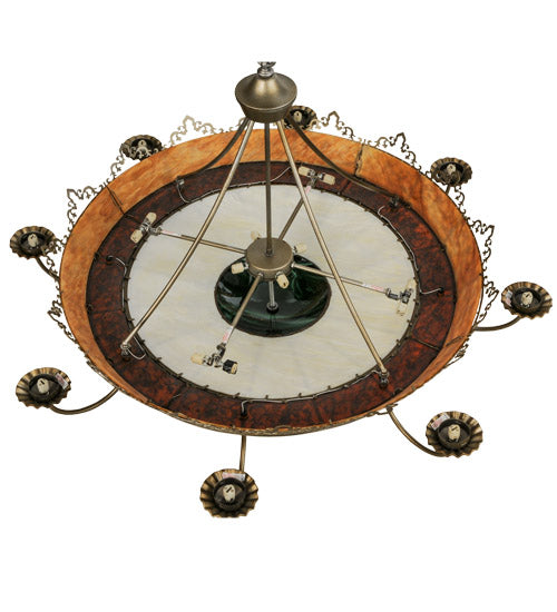 Meyda Lighting Stanley 47" 20-Light 8-Arm Antique Hammered Gold Chandelier With Multi-Colored Shade Glass