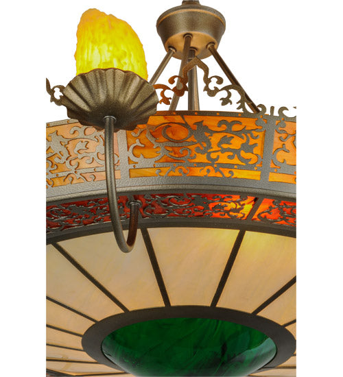 Meyda Lighting Stanley 47" 20-Light 8-Arm Antique Hammered Gold Chandelier With Multi-Colored Shade Glass