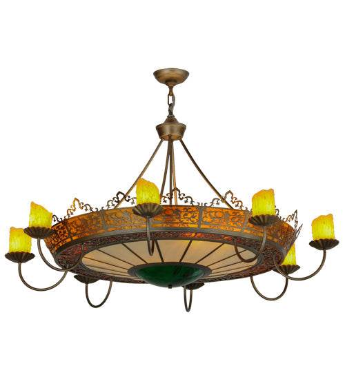 Meyda Lighting Stanley 47" 20-Light 8-Arm Antique Hammered Gold Chandelier With Multi-Colored Shade Glass