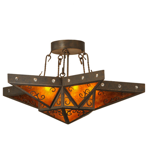 Meyda Lighting Star 36" 6-Light Gilded Tobacco Semi-flush Mount Ceiling Light With Amber Mica Shade Glass