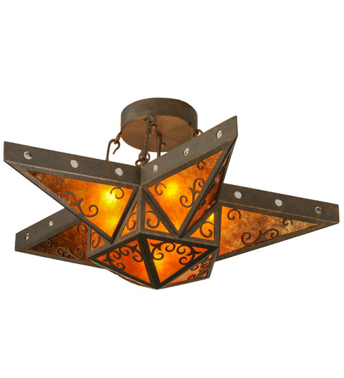 Meyda Lighting Star 36" 6-Light Gilded Tobacco Semi-flush Mount Ceiling Light With Amber Mica Shade Glass