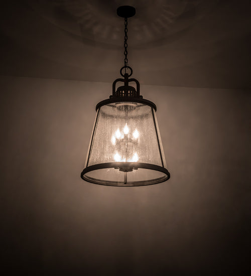 Meyda Lighting Steadman 26" 6-Light Old Wrought Iron Lantern Pendant Light With Clear Seeded Shade Glass