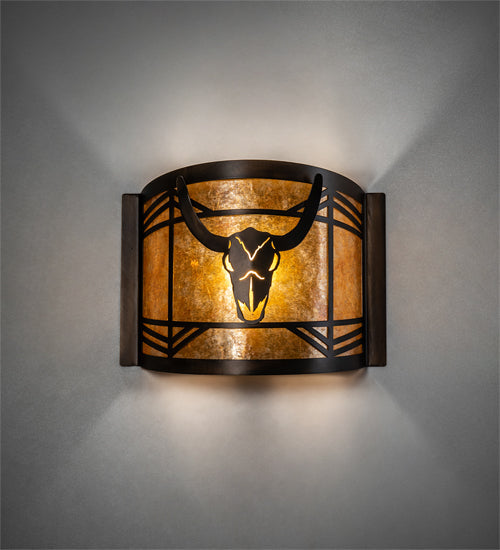 Meyda Lighting Steer Skull 12" Antique Copper Wall Sconce With Amber Mica Shade Glass