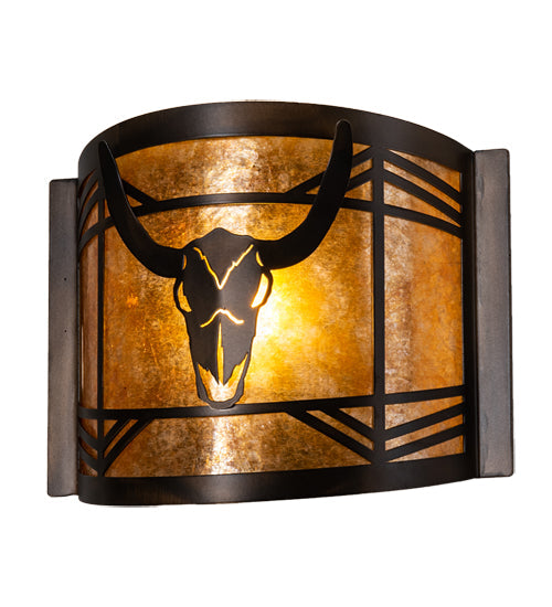 Meyda Lighting Steer Skull 12" Antique Copper Wall Sconce With Amber Mica Shade Glass