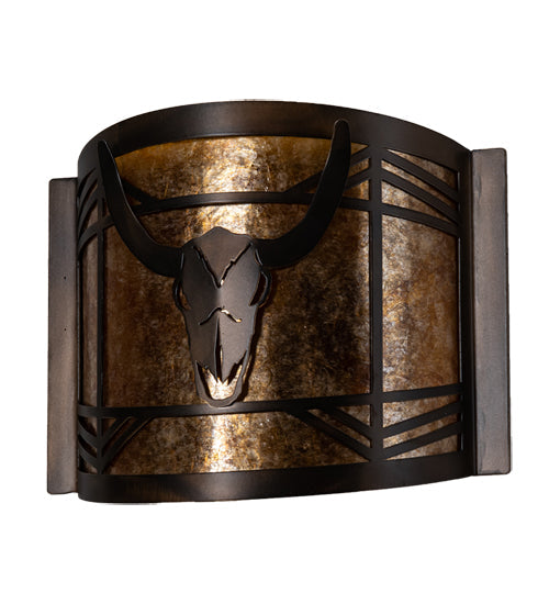 Meyda Lighting Steer Skull 12" Antique Copper Wall Sconce With Amber Mica Shade Glass