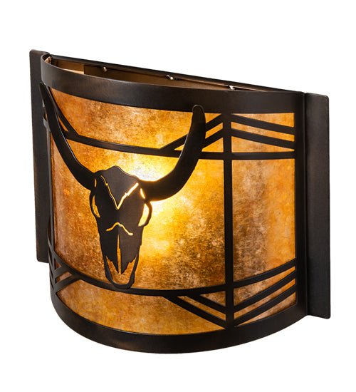 Meyda Lighting Steer Skull 12" Antique Copper Wall Sconce With Amber Mica Shade Glass