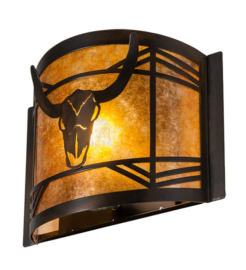 Meyda Lighting Steer Skull 12" Antique Copper Wall Sconce With Amber Mica Shade Glass