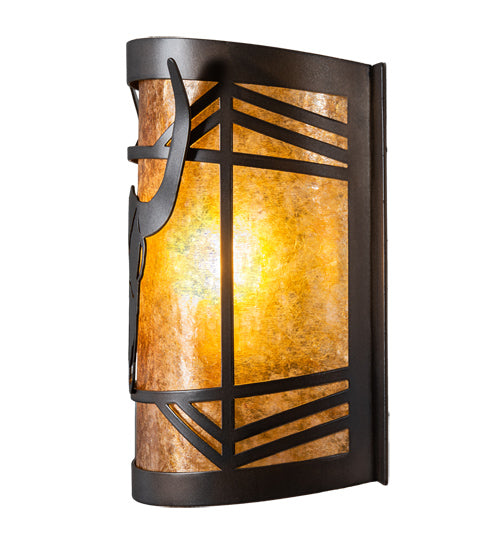 Meyda Lighting Steer Skull 12" Antique Copper Wall Sconce With Amber Mica Shade Glass