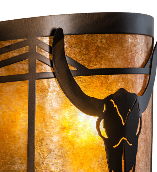Meyda Lighting Steer Skull 12" Antique Copper Wall Sconce With Amber Mica Shade Glass
