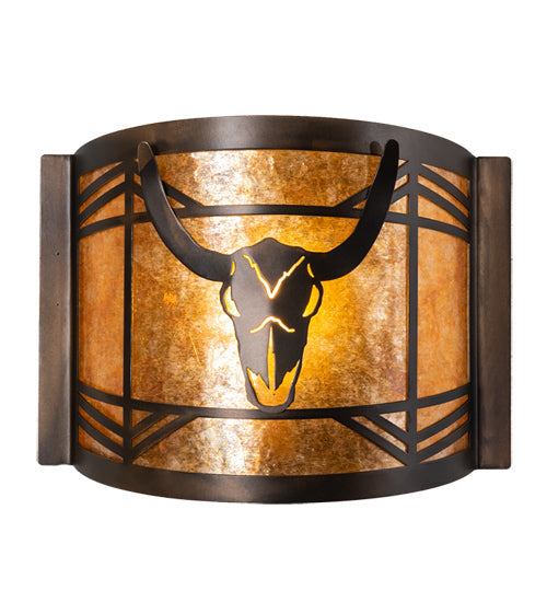 Meyda Lighting Steer Skull 12" Antique Copper Wall Sconce With Amber Mica Shade Glass