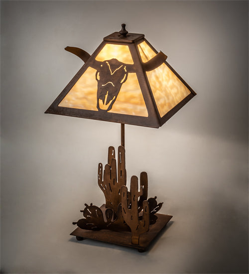 Meyda Lighting Steer Skull 21" Rust Table Lamp With Beige Art Shade Glass
