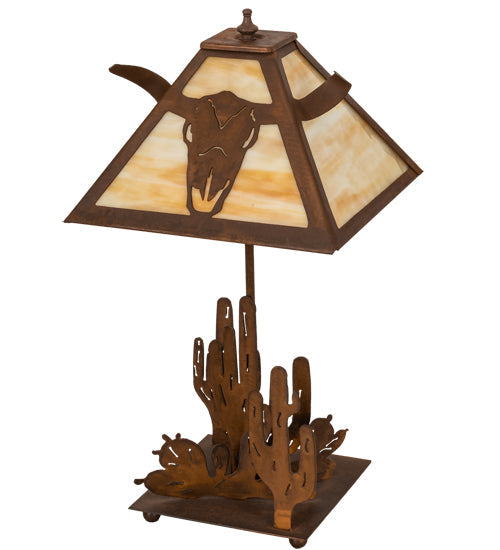 Meyda Lighting Steer Skull 21" Rust Table Lamp With Beige Art Shade Glass