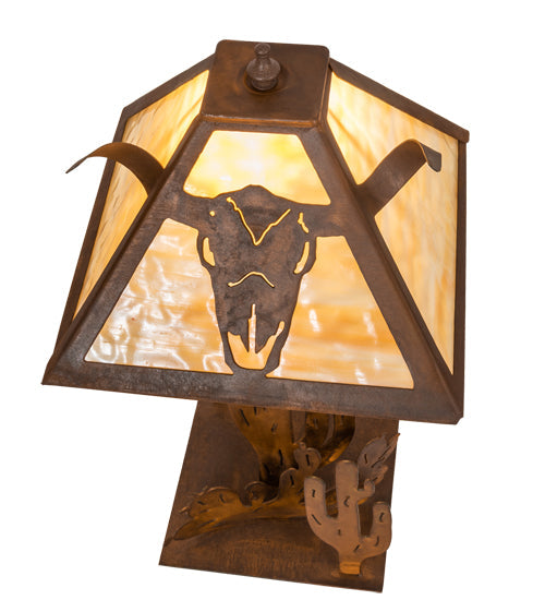 Meyda Lighting Steer Skull 21" Rust Table Lamp With Beige Art Shade Glass