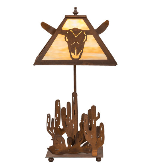Meyda Lighting Steer Skull 21" Rust Table Lamp With Beige Art Shade Glass