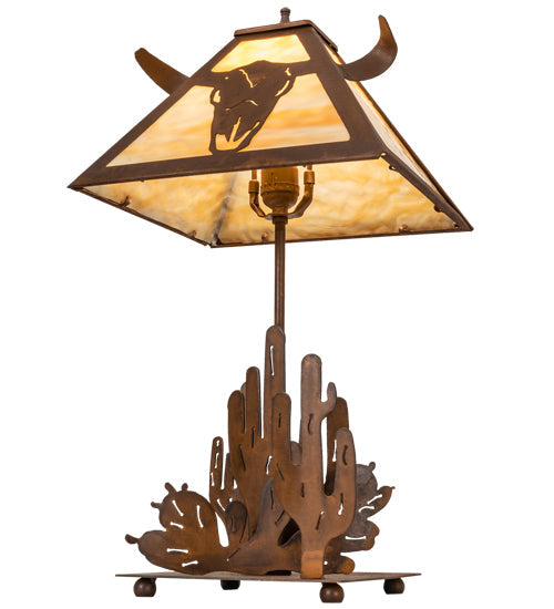 Meyda Lighting Steer Skull 21" Rust Table Lamp With Beige Art Shade Glass
