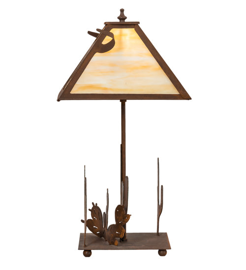 Meyda Lighting Steer Skull 21" Rust Table Lamp With Beige Art Shade Glass
