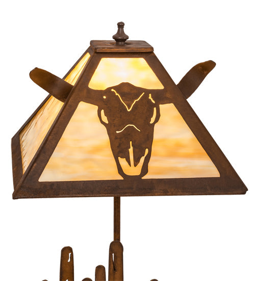 Meyda Lighting Steer Skull 21" Rust Table Lamp With Beige Art Shade Glass