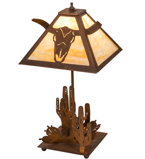 Meyda Lighting Steer Skull 21" Rust Table Lamp With Beige Art Shade Glass