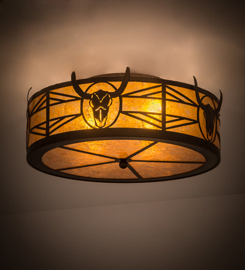 Meyda Lighting Steer Skull 23" 4-Light Antique Copper Flush Mount Light With Amber Mica Shade Glass