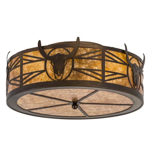 Meyda Lighting Steer Skull 23" 4-Light Antique Copper Flush Mount Light With Amber Mica Shade Glass