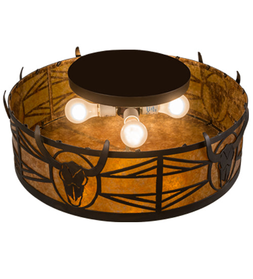Meyda Lighting Steer Skull 23" 4-Light Antique Copper Flush Mount Light With Amber Mica Shade Glass