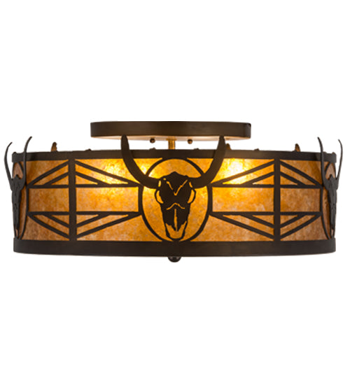 Meyda Lighting Steer Skull 23" 4-Light Antique Copper Flush Mount Light With Amber Mica Shade Glass