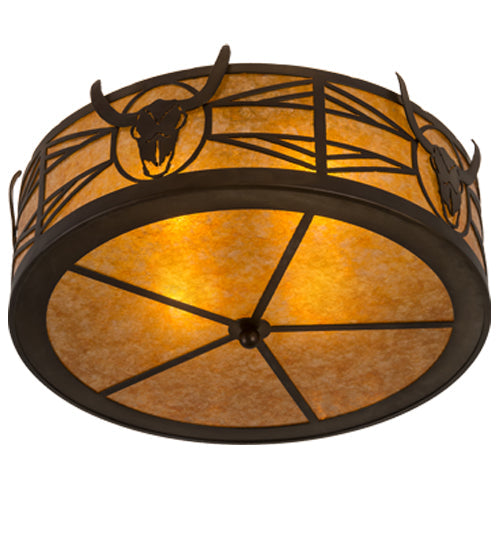 Meyda Lighting Steer Skull 23" 4-Light Antique Copper Flush Mount Light With Amber Mica Shade Glass