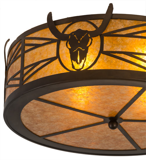 Meyda Lighting Steer Skull 23" 4-Light Antique Copper Flush Mount Light With Amber Mica Shade Glass