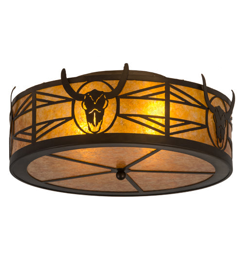 Meyda Lighting Steer Skull 23" 4-Light Antique Copper Flush Mount Light With Amber Mica Shade Glass