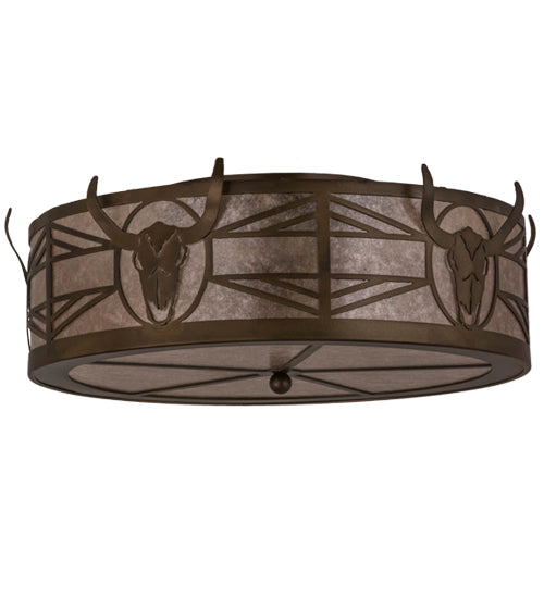 Meyda Lighting Steer Skull 24" 4-Light Antique Copper Flush Mount Light With Silver Mica Shade Glass