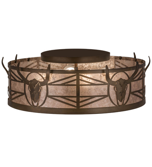 Meyda Lighting Steer Skull 24" 4-Light Antique Copper Flush Mount Light With Silver Mica Shade Glass