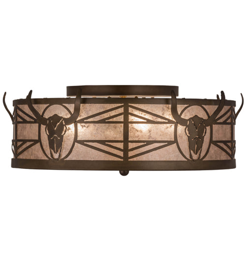 Meyda Lighting Steer Skull 24" 4-Light Antique Copper Flush Mount Light With Silver Mica Shade Glass