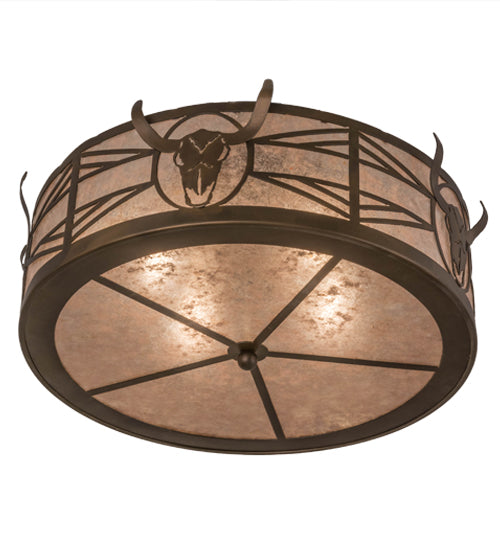 Meyda Lighting Steer Skull 24" 4-Light Antique Copper Flush Mount Light With Silver Mica Shade Glass