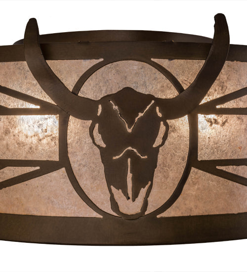 Meyda Lighting Steer Skull 24" 4-Light Antique Copper Flush Mount Light With Silver Mica Shade Glass